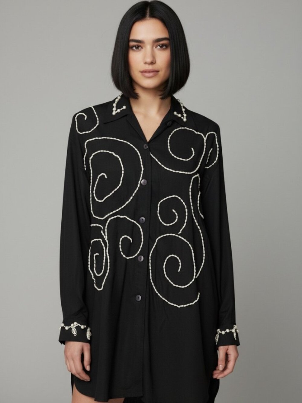 The Limited Black Blouse M Pearl Beaded Swirl Embroidered Oversized Boho Y2K
